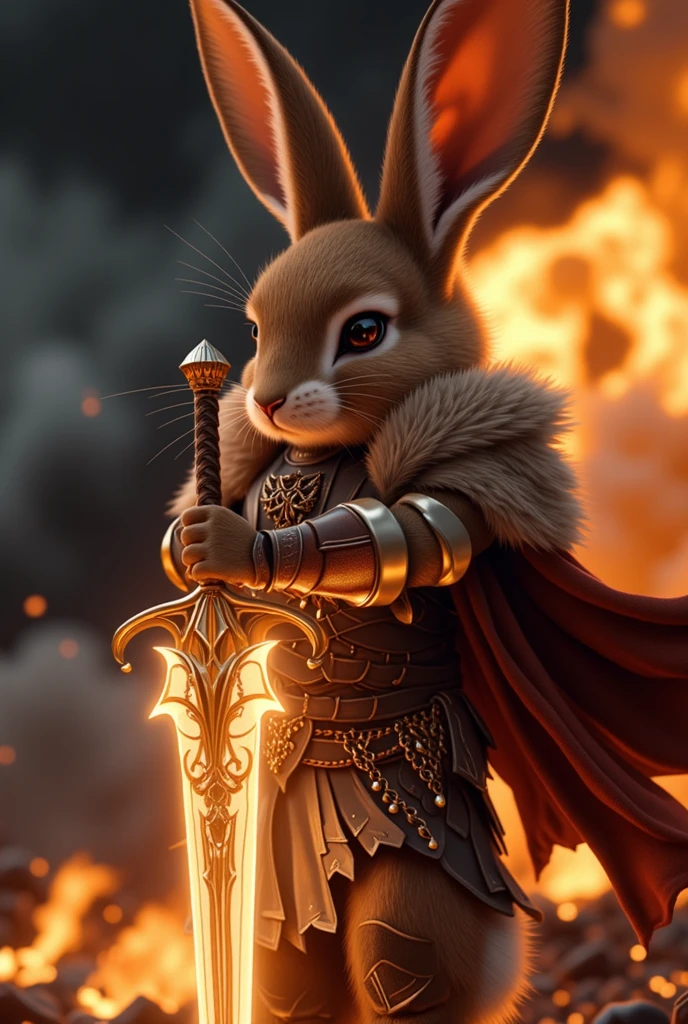 A hyper-realistic, dramatic cinematic illustration of a heroic rabbit ...