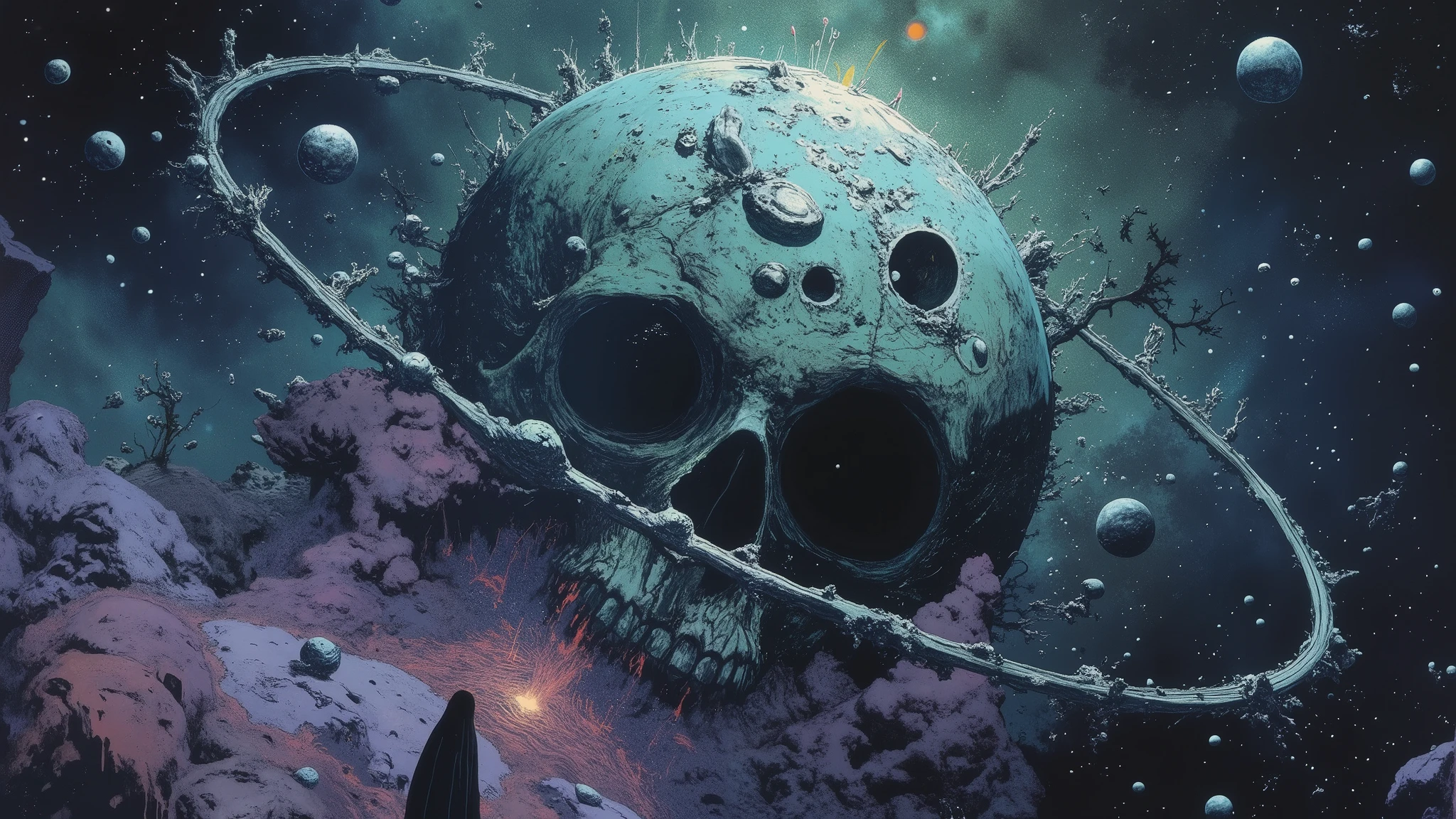 vintage 1970s psychedelic horror art style, Zdzisław Beksiński inspired surreal dark fantasy, textured painted illustration with heavy brushstrokes, cosmic horror atmosphere, dark space background with distant stars, dramatic lighting from the planet's internal glow