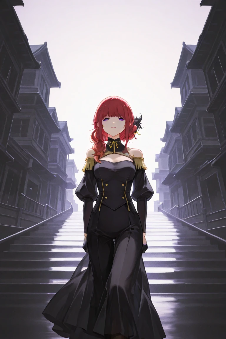 <lora:GwenV1:0.8>,Gwen, 1girl, solo,green eyes, short hair, orange hair, earrings,(long dress),(black and gold dress)