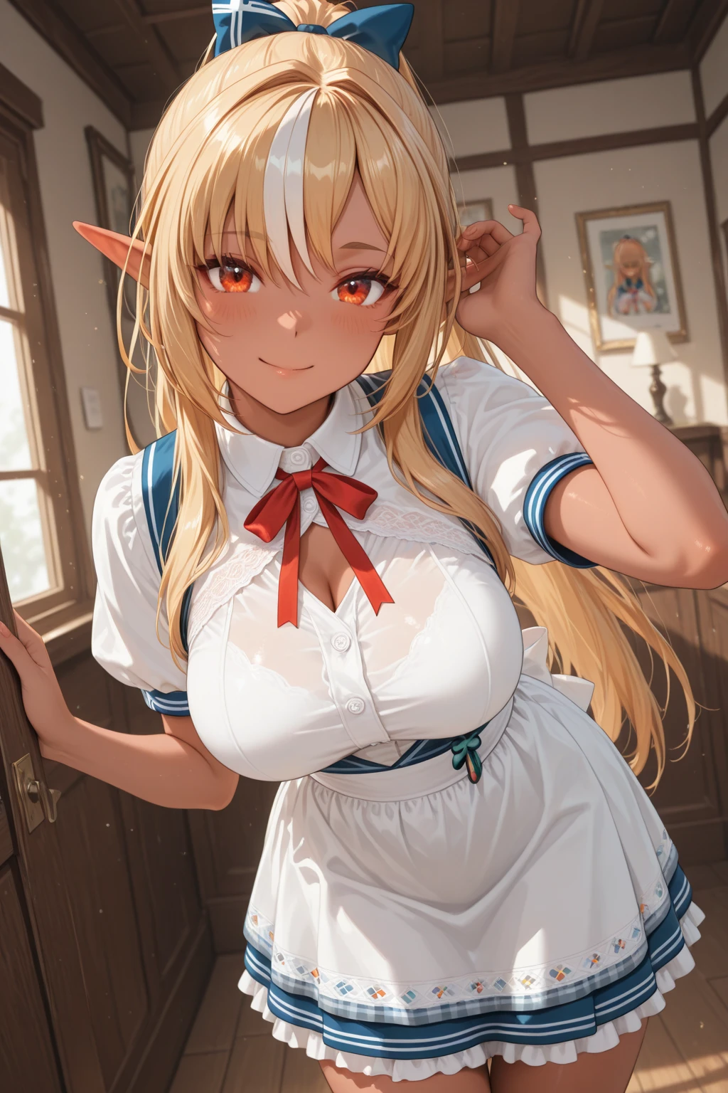 masterpiece, best quality, high resolution, 1 Girl,clothing, Blonde hair, Orange eyes, veil, diaphragm, Pointed ears, Large Breasts, Curvy beauty, Cowboy shooting, Upper Body,Arabic dancers