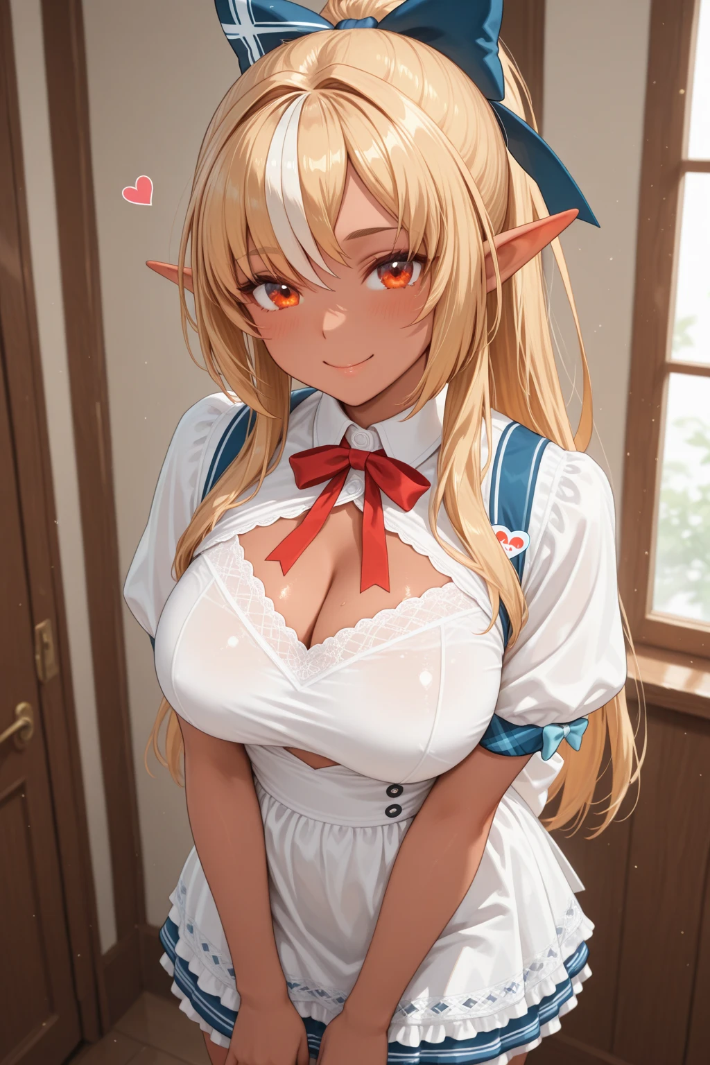 (darkskinned、skin tanned、elvish、hair over eyes)、One eye is hidden by hair、petite girl in、blue eyess、very long bangs、straight haired、very long transverse hair、a blond、hospitals、Incredibly large breasts、cleavage of the breast、pink nurse clothes、blush、closing eye、anime screen cap、(NSFW)、Futomo、Nurse Cap、Seductive smile、on the beds、Surgical gloves、The bikini、((Sheer costume))、a miniskirt、Name Tags、Glossy outfit、knee high socks、Gani crotch、condom on mouth、A heart in the eye、Bring your chest together