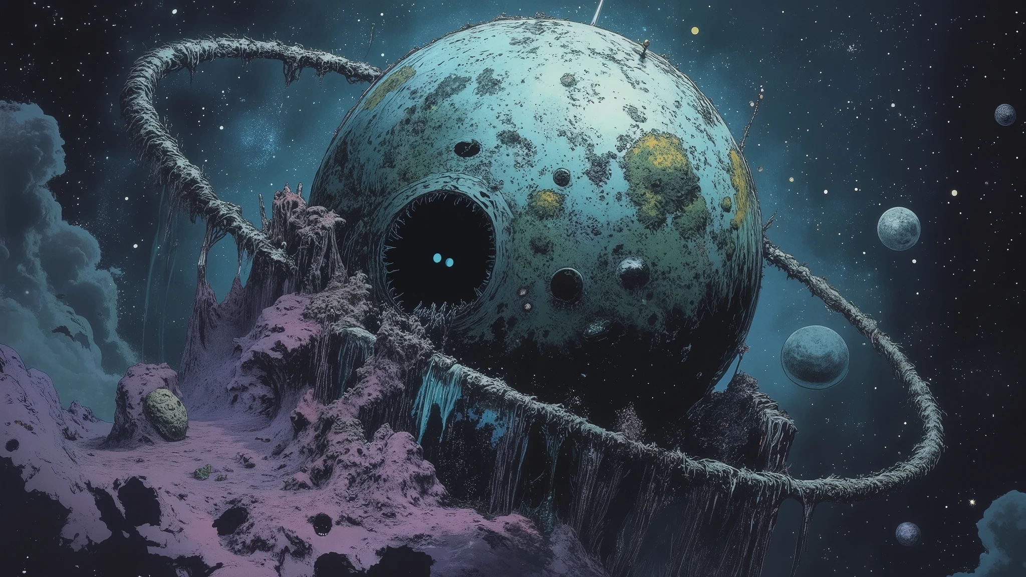vintage 1970s psychedelic horror art style, Zdzisław Beksiński inspired surreal dark fantasy, textured painted illustration with heavy brushstrokes, cosmic horror atmosphere, dark space background with distant stars, dramatic lighting from the planet's internal glow