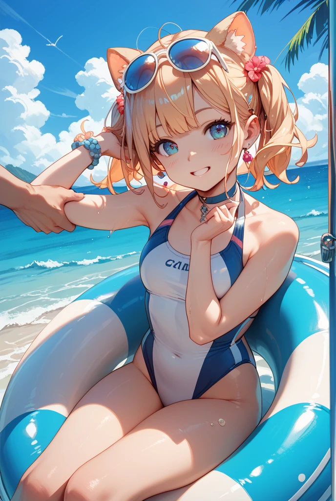 1girl, young, cute, short, from the back, small breast,small buty, tight onepiece swimsuit, chibi 