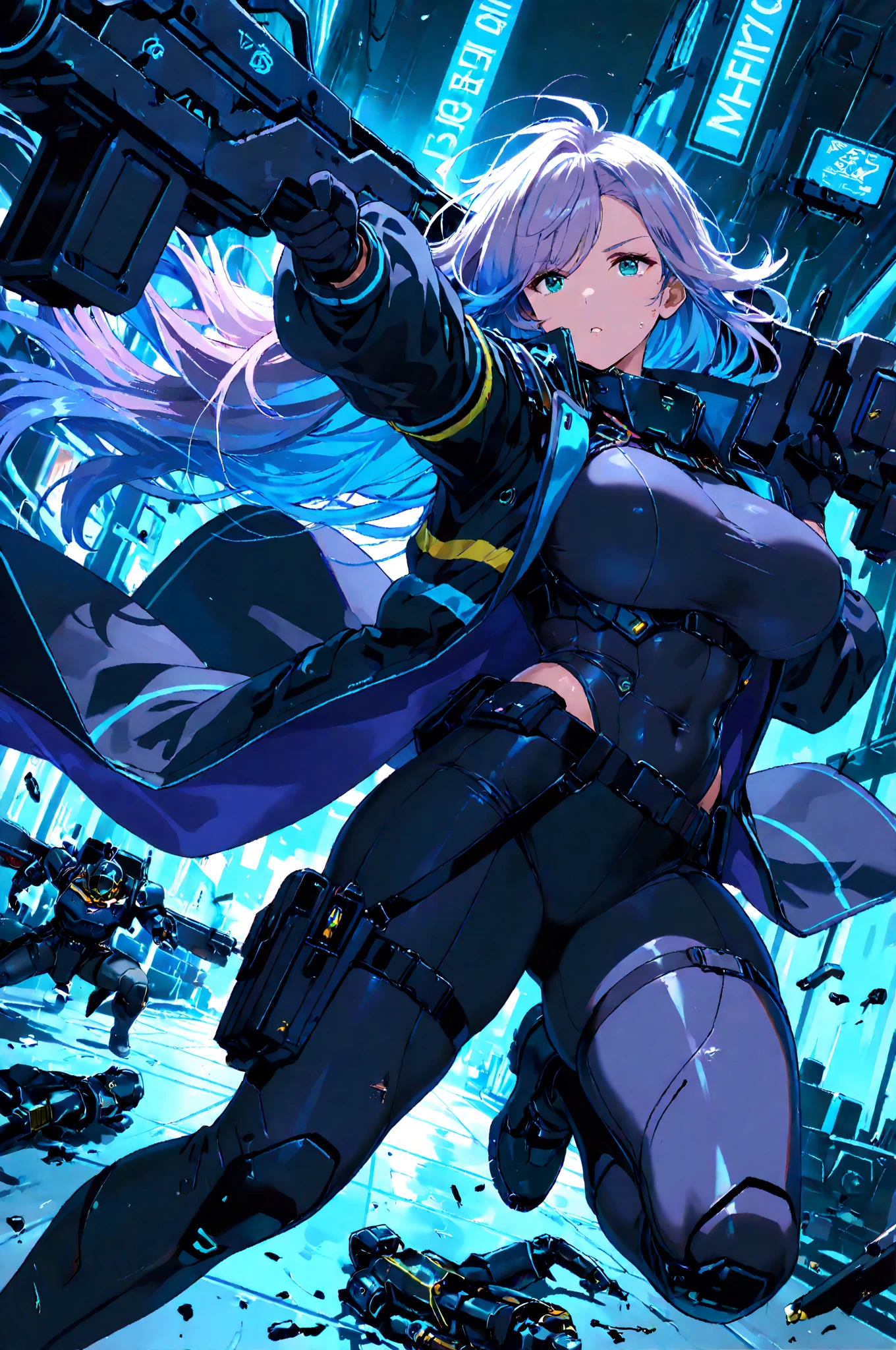 NSFM1.9. Showing Off Her 、naked、Show me that place、Touch there with your left hand、
One Girl、
Highest quality、masterpiece、Arc Records characters、Ariel、Wearing black pants、I can see her thighs、The belly button is visible、Wearing a black leather jacket、One Girl、Blue Hair、long hair、Holding a gun in his right hand、Looking Back、Left facing、I'm not wearing pants、