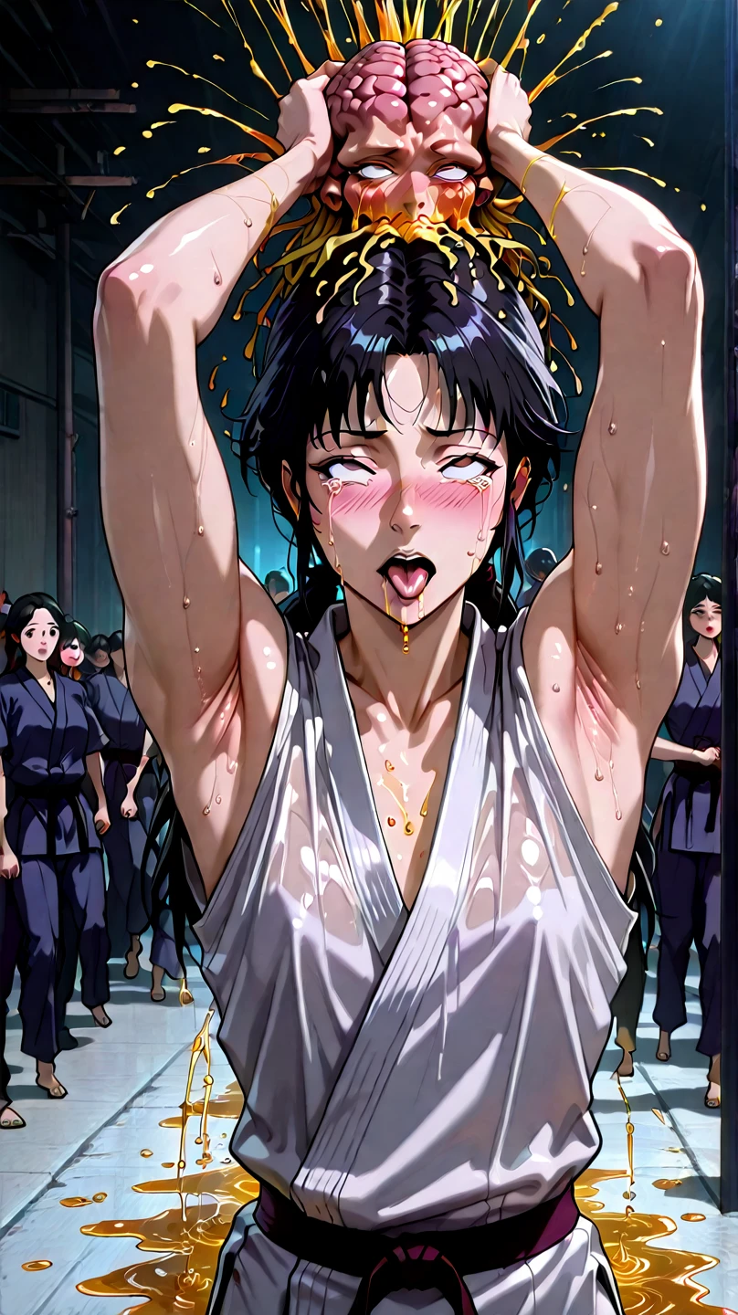 ((((masterpiece, best quality, high resolution)))), Extremely detailed 8K, 1 female, wearing a white Karate gi, (ahegao),white eyes, Small breasts, sash, japanese clothes,  No underwear,No eyeballs, Facing the audience, looking at the audience, tired, from below, (Exposed armpit:1.1), ((armpit:1.2)), sexy, Sweating, More and more sweat,(ahegao), (Roll your eyes),  open mouth, Sticking out tongue, saliva, Slobber,Skinny, raise arms, (arms above head:1.5)(Ultra HD, Ultra-detailed, Highly detailed, Highly realistic, Ultra-realistic, photograph realistic), (1girl:1.5), (Realistic black hair), (dynamic poses), facing at camera, looking at viewer, (slightly serious face), (perky breasts:1.2), (beautiful detailed face, beautiful detailed eyes), ((worn out karate gi)), (preparing for a fight), sweat, glow, (sunbeam, sunlight), ((cowboy shot)), inside a training gym, seductive, EnvyBetterHands LoCon,