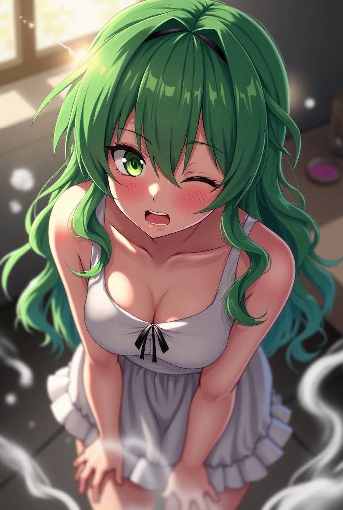 masterpiece, highest quality, Super detailed, 1 Girl, Mion Sonozaki, Green Hair, Green Eyes, ponytail, surprise:1.3、blush、Normal chest、Naked Apron:1.3,Face close-up、 (Fellatio gestures:1.3), (Open your mouth:1.2), Leaning forward, (Long Tongue:1.3), (Place your hand near your mouth)