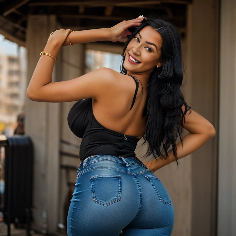 In this realistic still image, an Indian milf girl stands out with her captivating style. She confidently dons a trendy top and shorts jeans, showcasing her irresistible charm and seductive legs. The scene is set in a vibrant street, immersing the viewer in the lively atmosphere as she touching his own ass. She smiled.she down in doggy style and showing butt