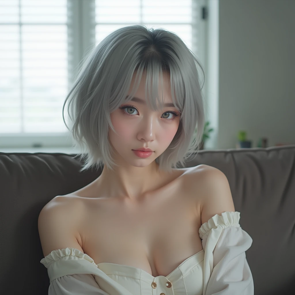 ((masterpiece, Highest quality, High resolution)), 1 Japanese girl, (Realistic: 1.4), excited、Great face,Glossy lips、30 years old, Silver Hair、Silver Hair、short hair, Silver Hair、(Beautiful Hair:1.5), mini skirt、Beautiful legs、Lie down on the bed、Staring、Angle from the front, Smooth, Highly detailed CG composite 8K wallpaper, High resolution RAW color photos, Professional photography, Light, BackLight, dream-like, impressive, Written boundary depth, (Face close-up:1.5)
Cute summer clothes that accentuate the chest　
　Full body photography　
Big chest, Character portrait, Overlooking, Anatomically correct, Textured skin, accurate, chest, Big chest, Big chest,  