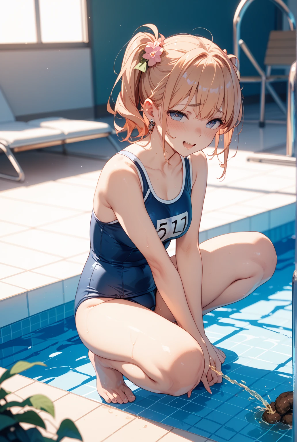 (masterpiece:1.2, Highest quality), (Realistic, photoRealistic:1.4), Beautiful illustrations, (Natural Side Lighting, Cinema Lighting),
View your viewers, Upper Body, (Front view), 1 girl, Japanese, high school girl, Perfect Face, Cute and symmetrical face, Glowing Skin, Baby Face,
(short hair:1.5, Pixie Cut:1.4, Blonde), Pin your bangs back, Red eyes, Long eyelashes, (Large Breasts:0.6),
Beautiful Hair, Beautiful Face, Beautiful attention to detail, Beautiful clavicle, Beautiful body, Beautiful breasts, Beautiful thighs, Beautiful feet, Beautiful fingers,
(School Swimsuit),
(Beautiful views), evening, Squatting in the pool, (Cute smile, Upward glance),