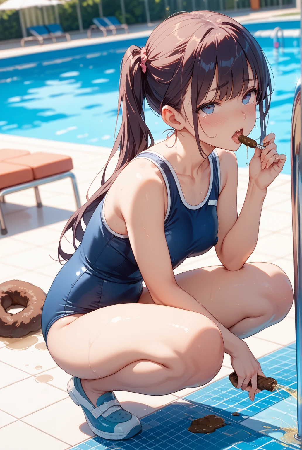 woman in a black top and a brown top holding a red object, thick lips, tongue out, pool tubes, tubing, hotdogs, neck zoomed in from lips down, barrel chested, cleavage, very sweaty, huge lips, mouth open, tubes, large lips, with wide open mouth, with mouth open, her belly button is exposed