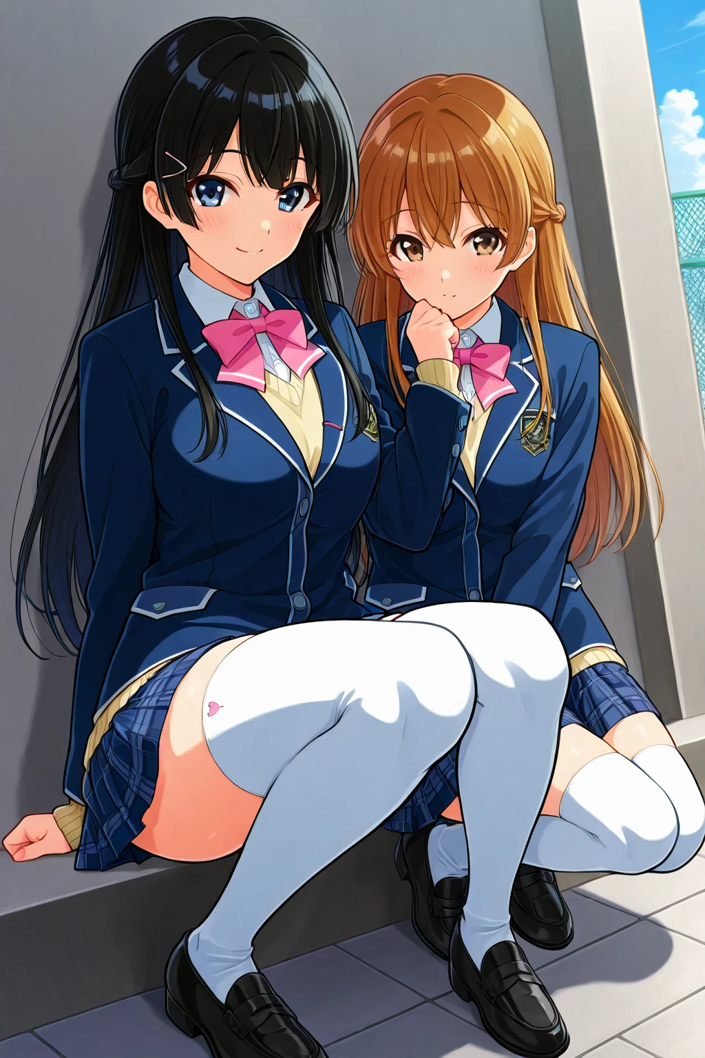 (2 girls) ,(Yukinoshita Yukino white lace panties).(由比ヶ浜結衣 ピンクレースpanties), classroom, ,Shirt only,panties(Yuigahama Yui has big breasts),(Yuigahama Yui opens her mouth),(no skirt),((光沢のあるpanties)),thighs,calf,whole body,*(smile),from the front,