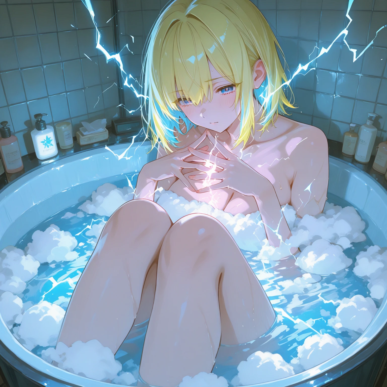 slim naked girl sitting in a pee puddle, pee, peeing, extreme amount of pee
