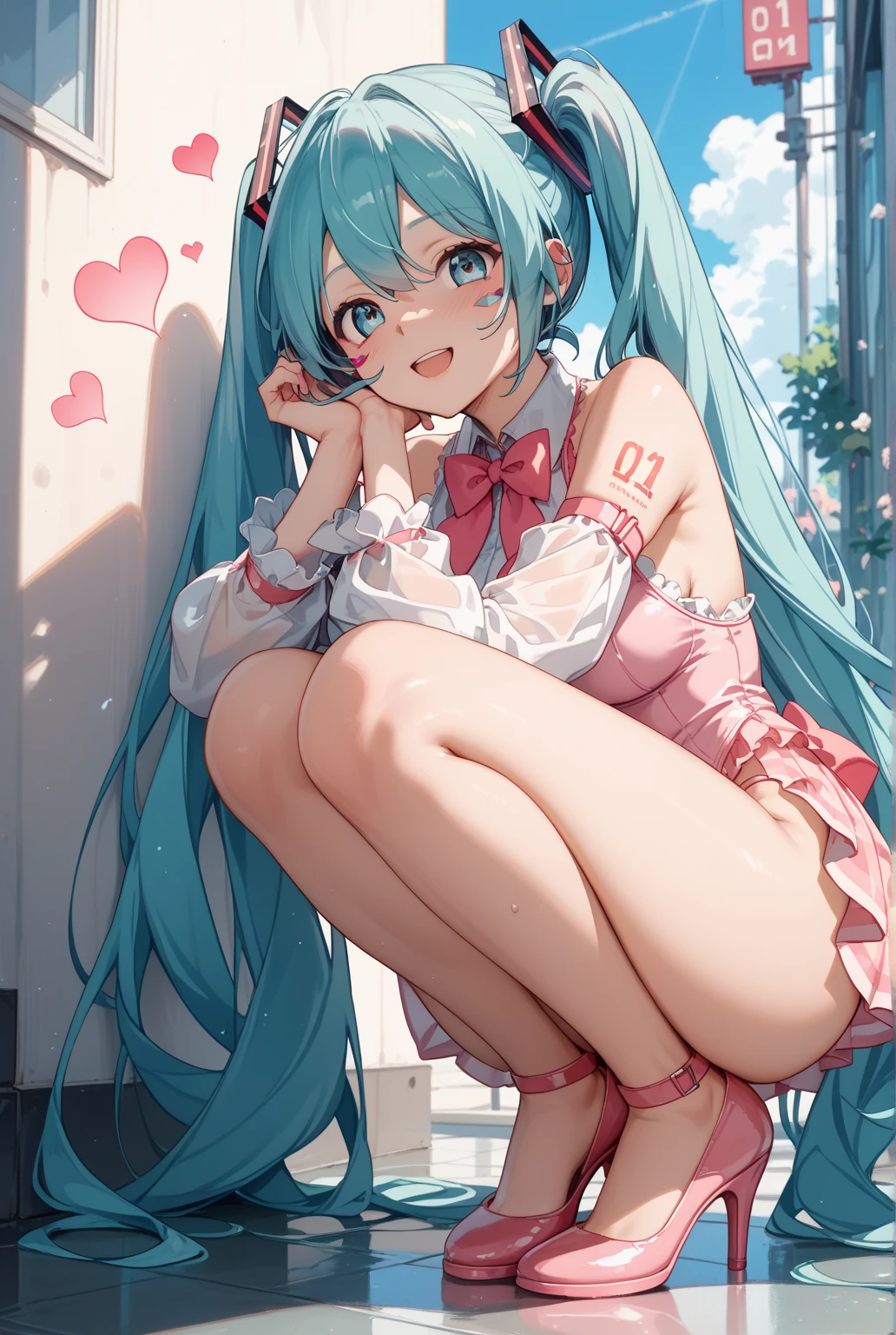 idol costume、frills、puffy short sleeves、Young Hatsune Miku,huge breasts,young girl,small 、sit with legs apart、striped panties、striped underwear,When I open my thighs, a large amount of white love juice drips out.、blush、embarrassed look、colorful