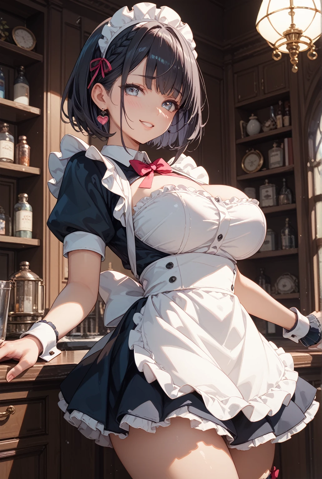 masterpiece, best quality, ultra-detailed, glistening shiny, glowing light, ray tracing, HDR, (perfect face, detailed face, detailed eyes), 8k,HD,ultra realistic face, ray tracing, perfect lighting, best quality, ultra-detailed, High resolution, Full body, Description Girls, detail hands, Detail fingers, Detail Face, cute face, detail legs, overdetailed art, Fine details, ((silver hair)), purple eyes, ((wavy hair)), (bobcut), (medium breast), oily skin, ((nun)), open back, (drinking), ((in tavern)), (Crowded), people, ((get drunk))