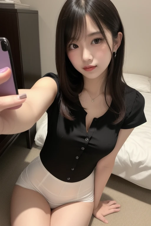 masterpiece, Best Quality, 8K, 20 yo, huge breasts, cuddly, Solo, sad, Cute, Girly, Delicate girl, Neat and clean beauty,  Raw photo, Professional Photography, Portrait, Soft light, Professional Lighting, Back lighting, Upper body, front view, (on all fours, hotel room), Sophisticated, Film grain, (Eyes and faces with detailed:1.0), short length floating hair, beautiful flowing hair, bangs, A tight polo shirt that expresses the roundness and softness of your chest., Don't expose it,Protruding big, Erotic shorts, Standing Elegantly、beautiful thick legs