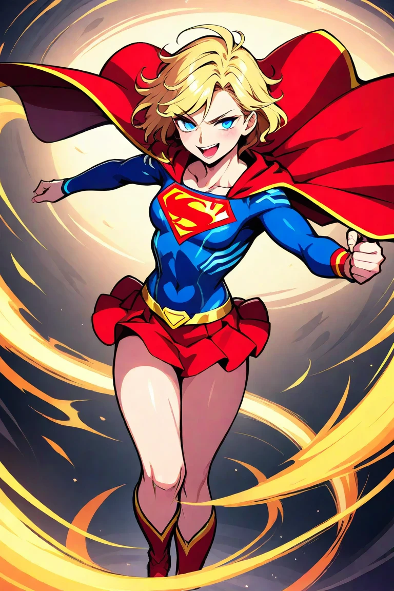 a cartoon of a woman in a Superman costume flying through the air, Super-hero girl, Supergirl, Super hero pose, Super Super dynamic dynamic pose, Superman pose, positing on rock Super hero pose, Super heroine costume, emma watson as Supergirl, garota poderosa, em estilo cartoon, Ilustração HD, Super hero, Super, pose de salto heróico, Superhero