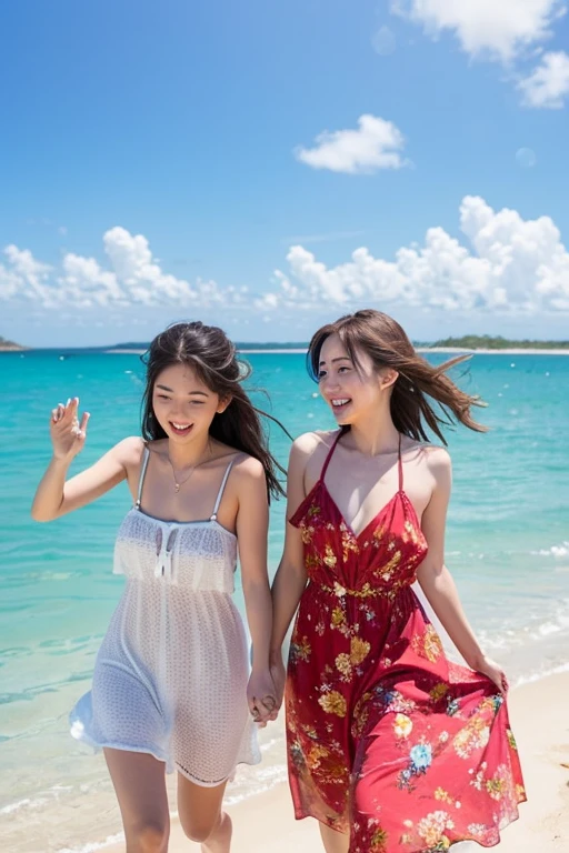 Two female college students, standing by the sea playing in the water, smiling happily --auto --s2
