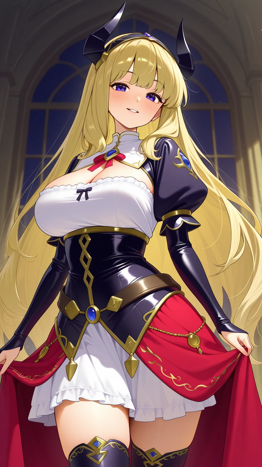 masterpiece, best quality, extremely detailed, anime, girl, 1 girl, young, , long hair, diagonal bangs, blonde, blue eyes, pale skin, glamorous, black thighhighs, cute face, curvy, huge breasts, headphones, pink skirt, open red stadium jacket, exposed breasts, bed sheet, (((((at midnight,))))) (((closed curtain,))) (((dark theme,))) <lora:boldline:-1> <lora:eyecolle_marigold_v100:1> see-through, NSFW, happy, white cream on her cleavage