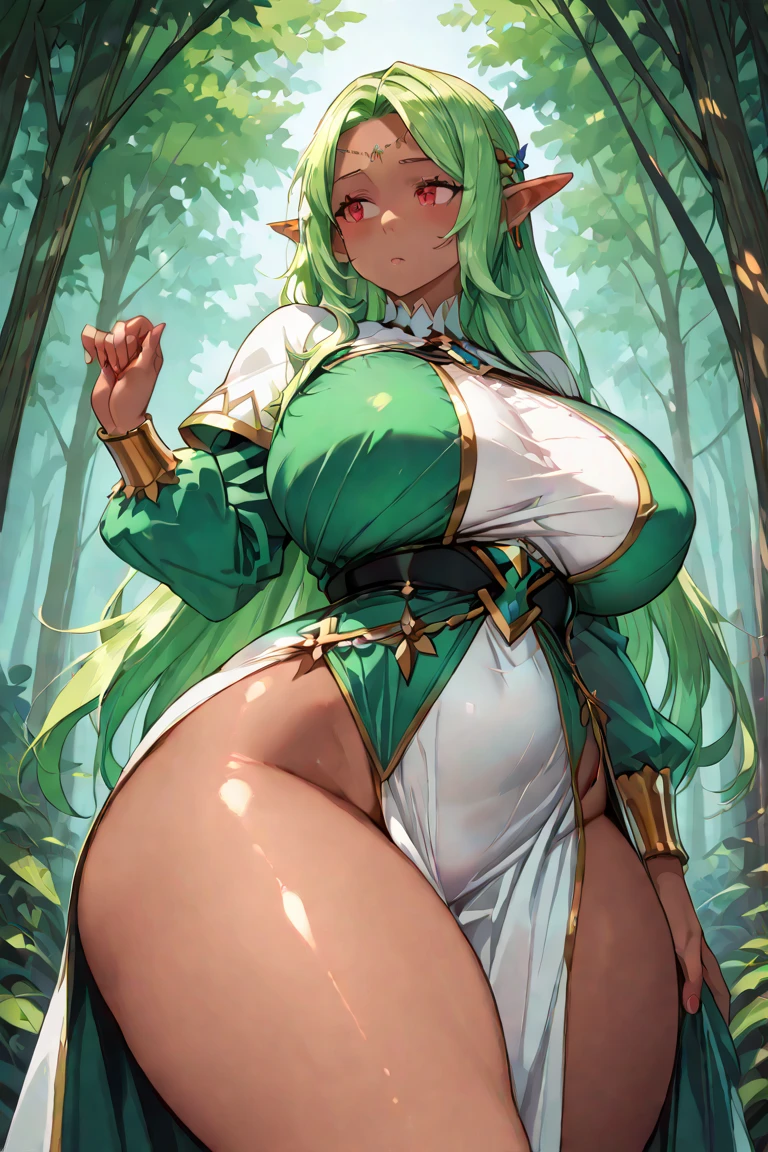 fantasy, 1forest_elemental_girl, (dark_skin)0.9, (Use_leaf_Clothes, green_leaf_covered_chest, leaf_covered_pussy)+++,(huge_heavy_tits:1.1), walk, (smile, sleepy)+, Moderate_hair, belly button,(Plump:0.9), Oil, (Take-up_vine_around it_body)++, forest_background, leaf_headgear, green_leaf_cape, Spread the word_arm, big_staff, leaf_Thighhighs, big_butt,