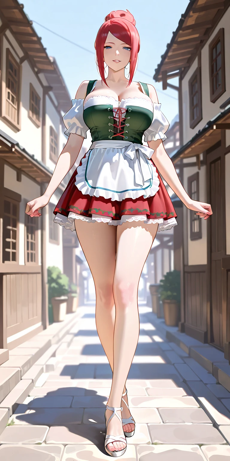 masterpiece, ultra high quality CG, best quality, perfect picture, solo, Duvalie (brown hair with braided buns, green eyes, bustier, cute, small breasts), photo from behind, nice ass, sexy short skirt, on all fours, at lakeside, a medieval lakeside town