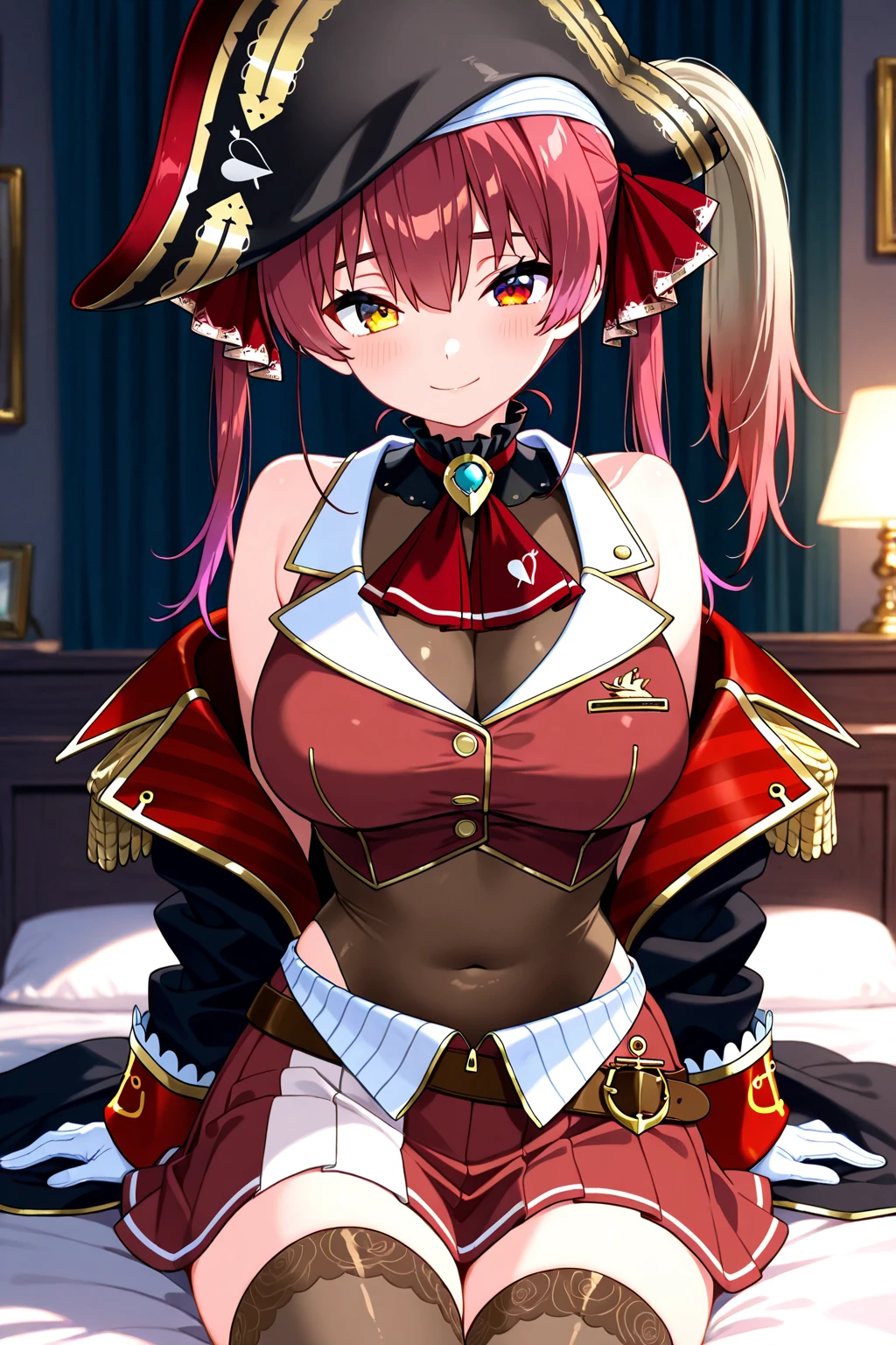 masuter piece, hight resolution, a pirate, captain, red hairs, odd eye, Yellow left eye, Red right eye, Colossal tits, masturbation, One lady, is in estrus, NSFW, Anime Pictures