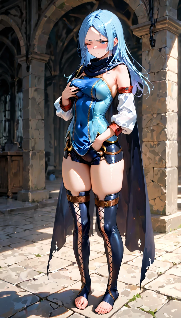 (Selvaria Bles (Valkyria Chronicles) LoRA) Female, standing, straight, 1girl, elf, green wavy hair, medium breasts, suspended by arms, head down, POV, from the side (dirty, bruise:1.2) cave floor, tied up, rope, (Masterpiece), full body of a female, big breast, detailed face, full portrait, standing straight, shackles on arms and legs, black choker on neck, SFW, WHITE TOGA, golden chains hands, golden chains legs, lascivious face, embarrassed, red cheeks, braid black hair, full body, view from below, far shot, cow boy shot, looking at viewer, handcuffs on their hands, with a collar around the neck, slave, ((black choker, shackles on legs and arms)) ((hands hiding behind body))