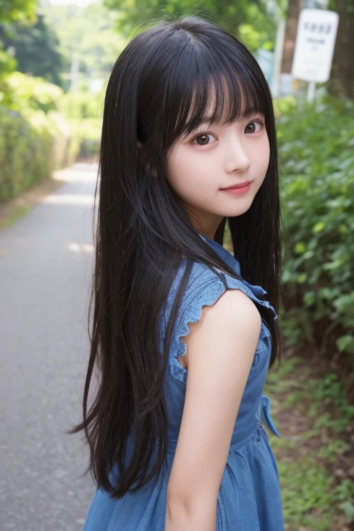 8-year-old elementary school student、、Small breasts、Black Hair、Iris、Straight Hair、ponytail、White dress、whole body、Are standing、Small face、Clean eyes、Small Mouth、evening、Riverbank、high resolution、4k、highest quality、超high resolution、Realistic、1 person、Young face、Flat chested、