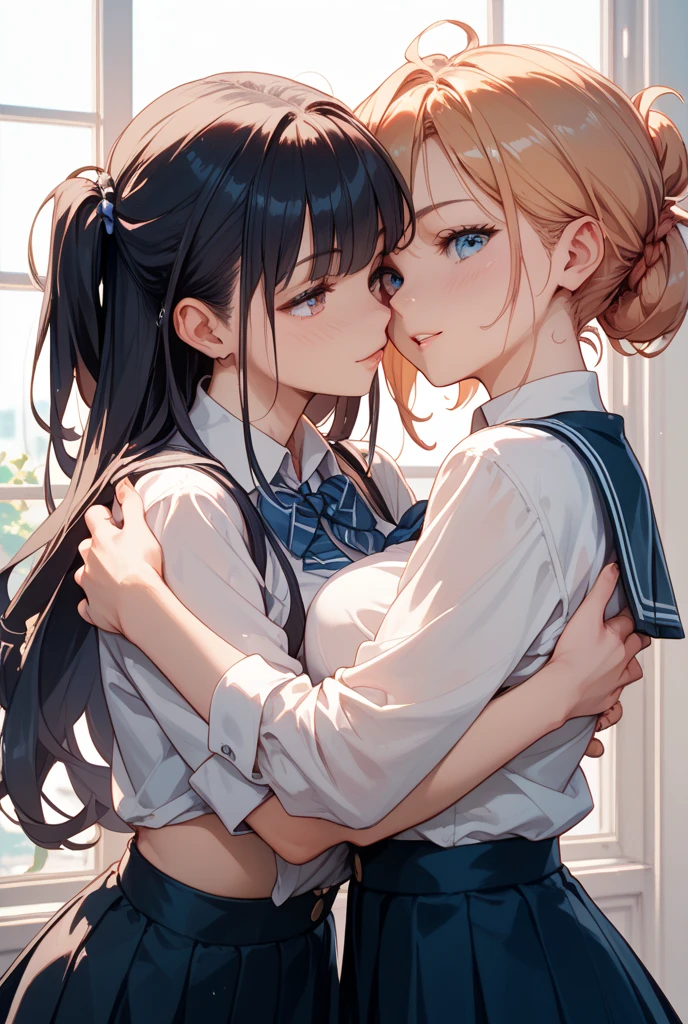 bedroom at night、Bulb Light、dark room、Two high school girls hugging each other on the bed、Enchanted expression、kiss、17 years old、high school uniform、 mini skirt、table top, highest quality, High resolution, masterpiece、Full body Esbian、((taken from below:1.5)), ((Low - Angle:1.5)), ((I can see my pants)), (highest qualityのイラスト:1.2), (cute女の子:1.1), (2 girls:1.5, pair:1.5)、 (2 girls、One Pose、two girls hugging in bed、high school girl、break、(2girl beautiful eyes, every detail、masterpieceサイドライト、masterpiece、highest quality、detailed、High resolutionのイラスト),delicate makeup, (Close-up:1.2)、throw、soft focus ground bokeh、smile, cute、Medium chest:1.5、非常にdetailedな目:1.2)、(beautiful breasts)、(short hair)、(((short bob hair)))、thin waist、REAK is small、very detailed., Complex, table top, absurd、 ((smooth texture:0.75, realistic texture:0.5, Anime CG style)),