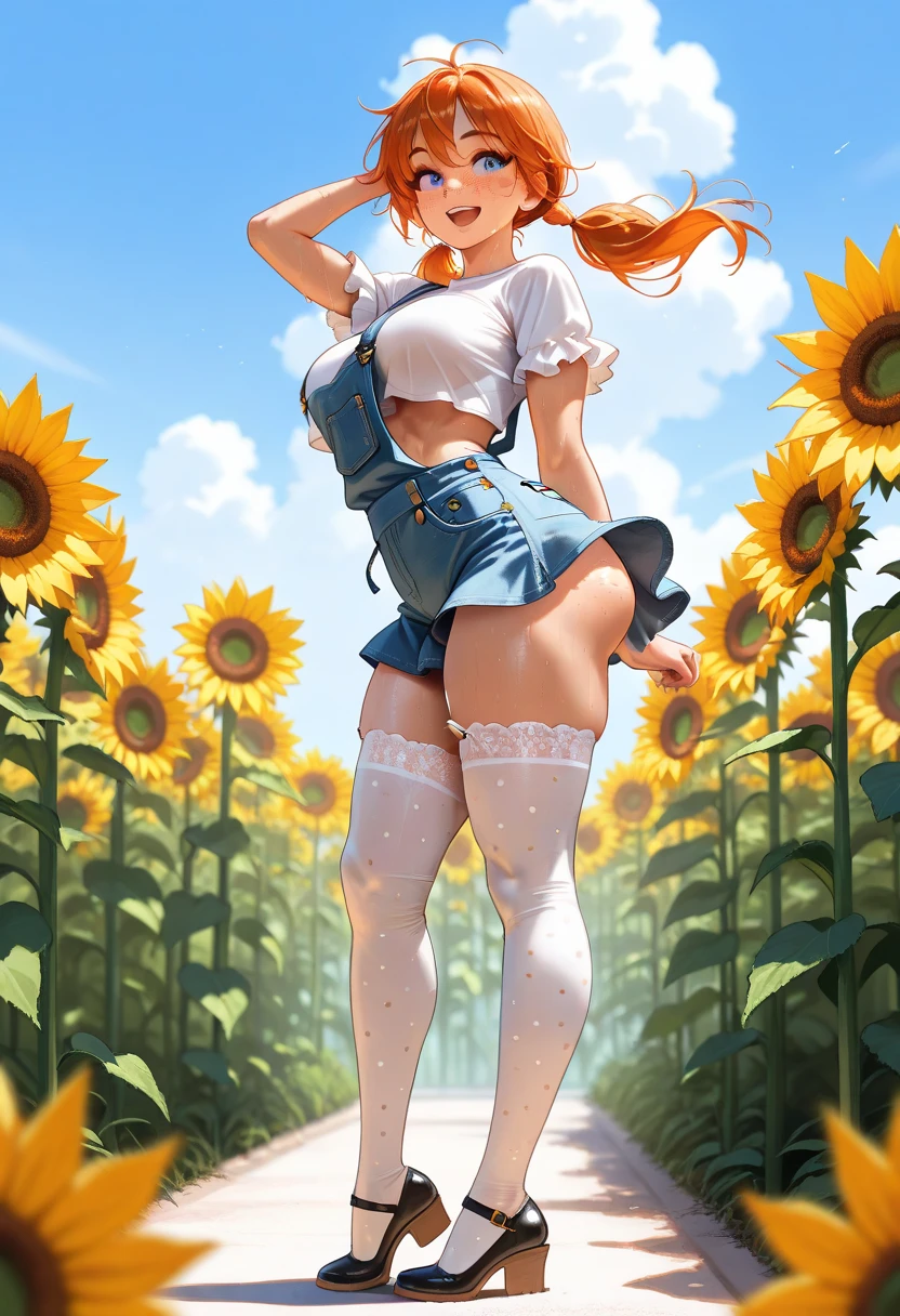 masterpiece, best quality, roxanne, dog ears, fluffy dog ears, collar, sundress, looking at viewer, garden, autumn, sunset, large breasts, ass, smile edgYSD, woman wearing a sundress, very voluminous very fluffy very long dog tail, dog tail starts immediately above butt, dog tail starts from skin, entire dog tail visible, short hair, bloomers, flushed skin, blushing face, red cheeks, lewd smile, slightly open mouth, gravure, pinup, very long legs, no ears, open-back dress
