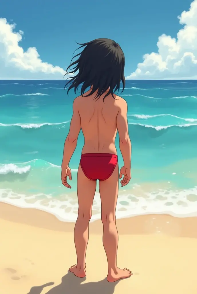 Long haired boy in little red speedo from behind, on the beach
