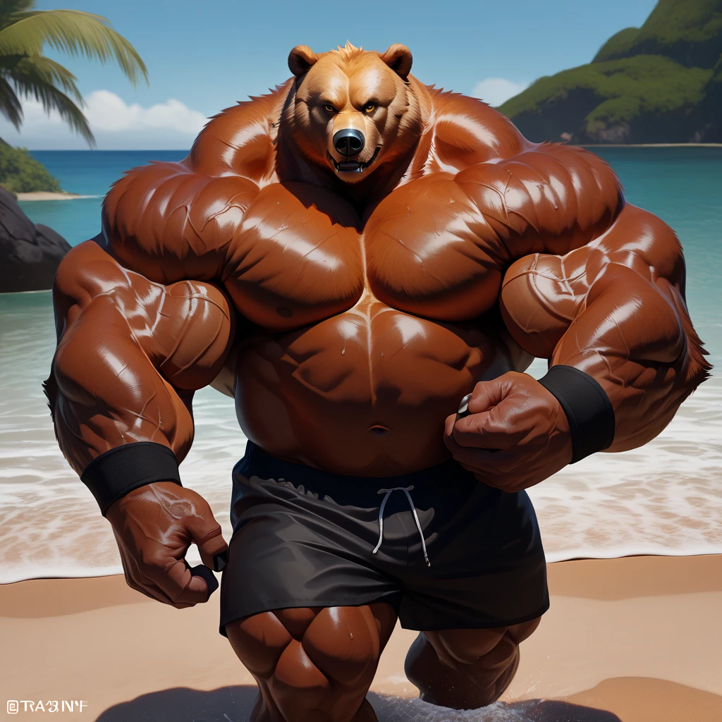 solo, 2boys, beach, size different, extremely huge muscular, massive muscular, grizzly bear, full-body, well-muscled, being shirtless in a black swim trunk shorts and black wristbands in beach. Posing. Doing the MOST MUSCULAR POSE. Super strong. ((extremely muscle size, super thick arms, huge back, thick brown fur, extremely wide back and shoulder, powerful body, huge arms)). and add details to make it attractive and interesting. Added eyes. Add textures and details to make the image more realistic, such as the appearance of the body-built texture and the appearance of the fur. Make sure the resulting image is high resolution, 8K quality.", simple background, masterpiece, high detailed, 8k, high resolution