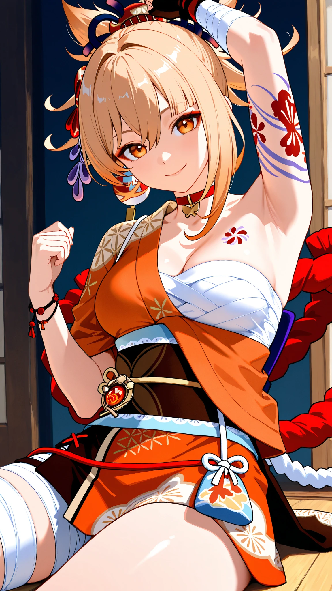 (masterpiece, best quality),  intricate details,
1girl, <lora:kiryu_coco_v1:0.8> hmcoco, drill hair, side drill, side ponytail, streaked hair, horn bow, hair flower, detached collar, cleavage, off shoulder, red kimono, japanese clothes, yukata, floral print, bandages, detached sleeves, wide sleeves, sarashi