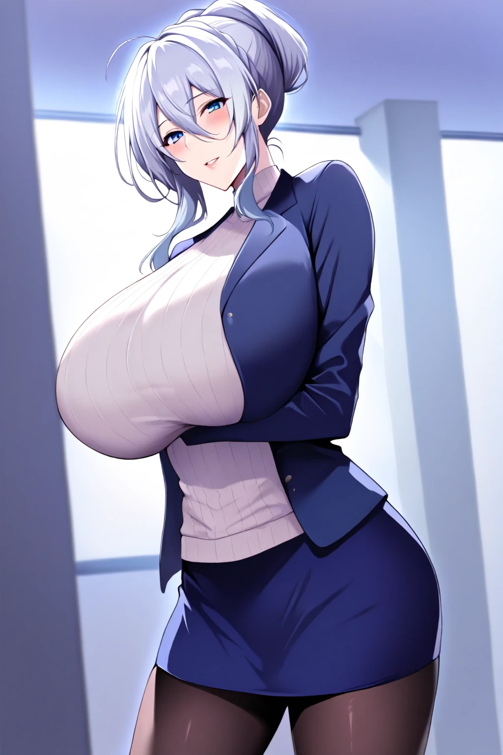 score9, score8up, score7up, score6_up,
Apartment,
Standing At attention,
1 girl,solo, huge breasts,Mature,
White_ribbed_sweater,Blue_skirt,Blue_jacket,
pantyhose,skirt,
puu no puupuupuu, mifuyu yukino,
blue_eyes,silver_hair,hair_between_eyes,hair_bun,
detailed decoration,parted lips,moody,looking at viewer,
lighting,Smile,
masterpiece, best quality, amazing quality, very aesthetic, absurdres, newest,