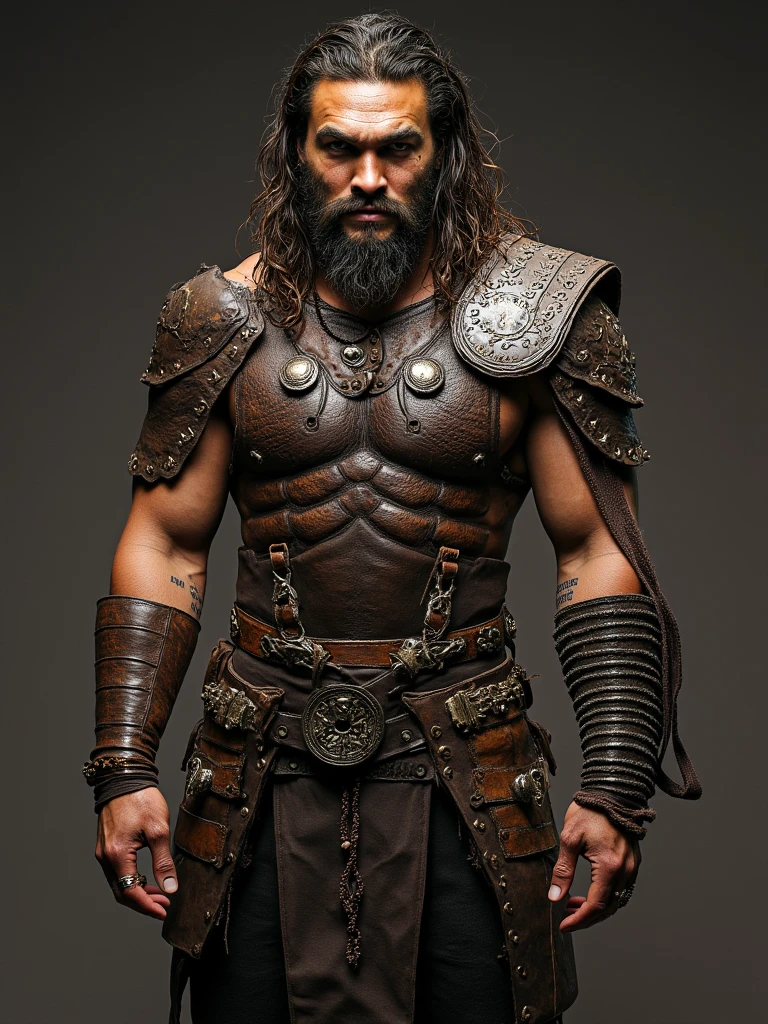  1 man with dark skin, warrior ,leather robes ,Chain mail ,little beard ,long hair with dreads, mountains in the background
