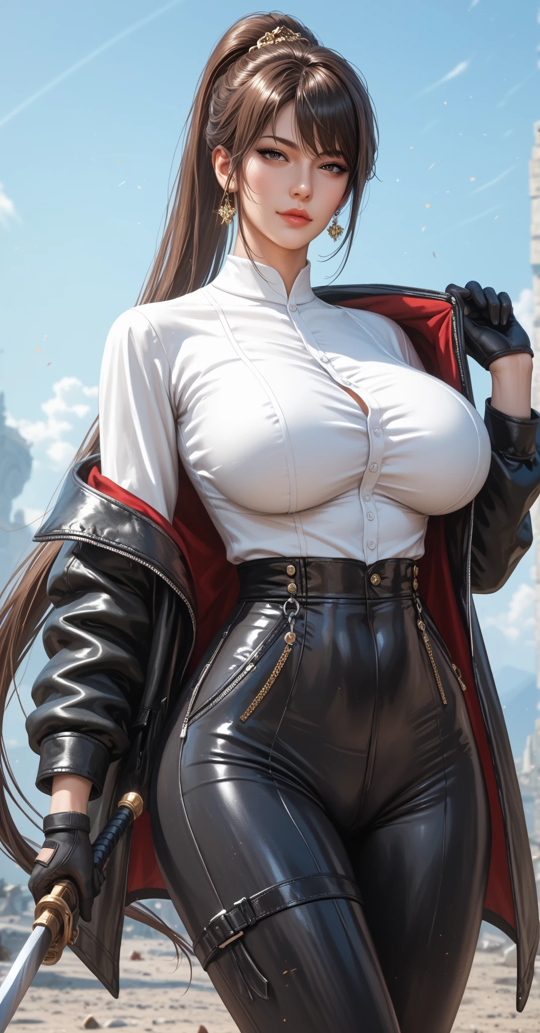 (masterpiece, best quality, ultra detailed, absurdres)1.5, 1girl, (sexy, beautiful woman, perfect face, perfect eyes, perfect female body, huge breasts)1.5, (tohsaka_rin_alt, red_sweater, black_skirt, black_thighhighs, loafers, long hair, brown hair, twintails, black hair ribbons, <lora:tohsaka_rin_altV2:0.7>), (standing, modern mansion), perfect lighting, smooth, hdr