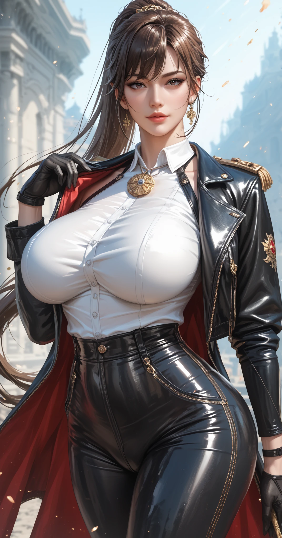 (best quality,4k,8k,highres,masterpiece:1.2),ultra-detailed,(realistic,photorealistic,photo-realistic:1.37),portrait,beautiful detailed eyes,beautiful detailed lips,extremely detailed eyes and face,longeyelashes,alone,girl,thick waist,thighs,black military uniform,shoulder epaulets,thigh boots,military uniform,belt,shorts,boots,earrings,jewelry,gloves,high leg raise, long straight black hair,reddish-brown eyes,view from cobweb's angle,evil smile,smiling,evil face,hands resting on own cheeks,playful expression, walking