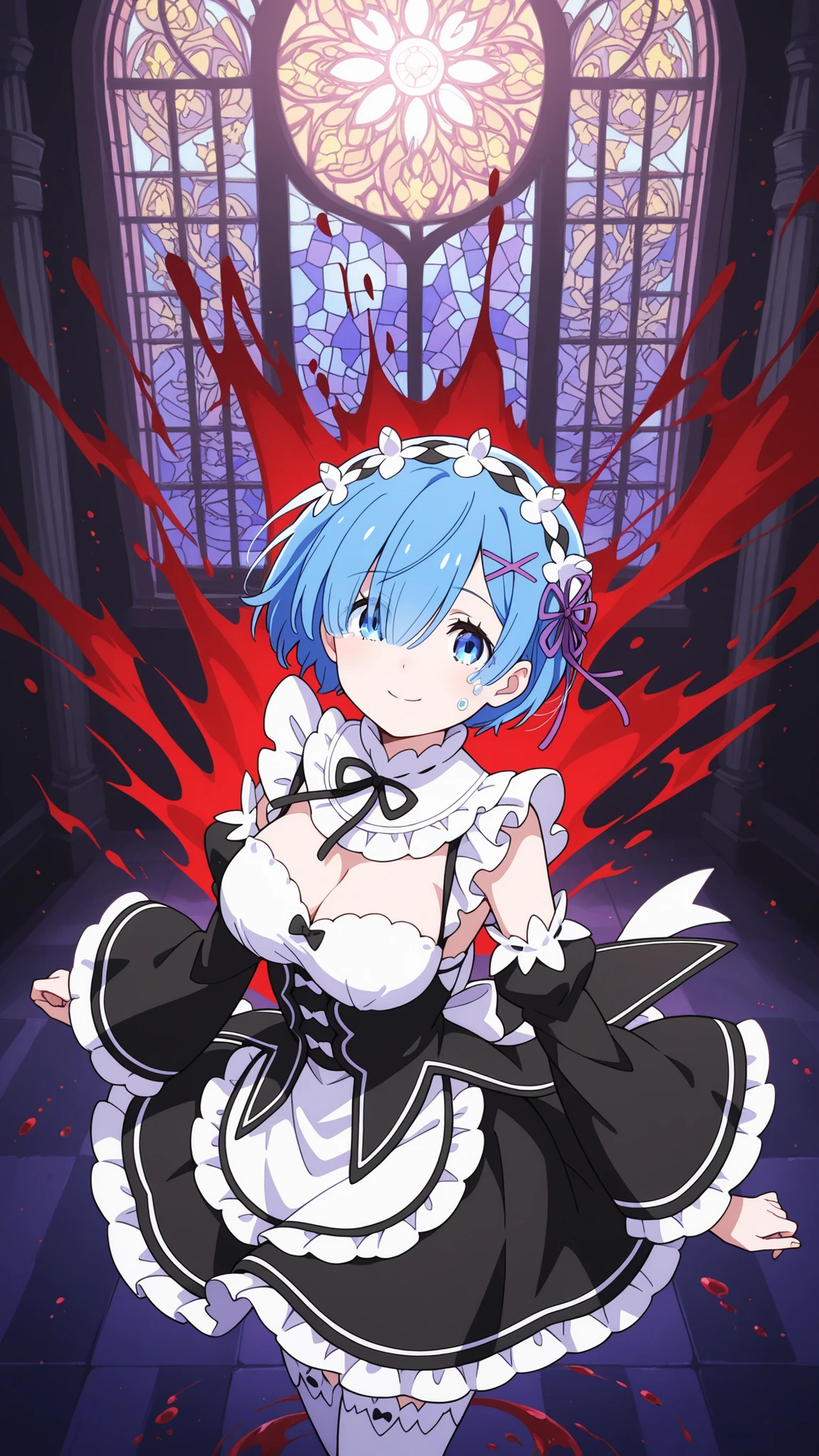 anime, hdr, soft light, ((best quality)), ((masterpiece)), (detailed), <lora:Rem_v2_FB:0.9>, phRem, Remchibi, chibi, blue hair, hair over one eye, 1girl, roswaal mansion maid uniform, detached sleeves, (looking at viewer:1.1), expressionless, (glowing horns:1.1),  holding weapon, holdingflowing chains, blood on face, black sleeves, long sleeves, frilled sleeves, oni, oni horns, blood on clothes, (constricted_pupils:1.1)