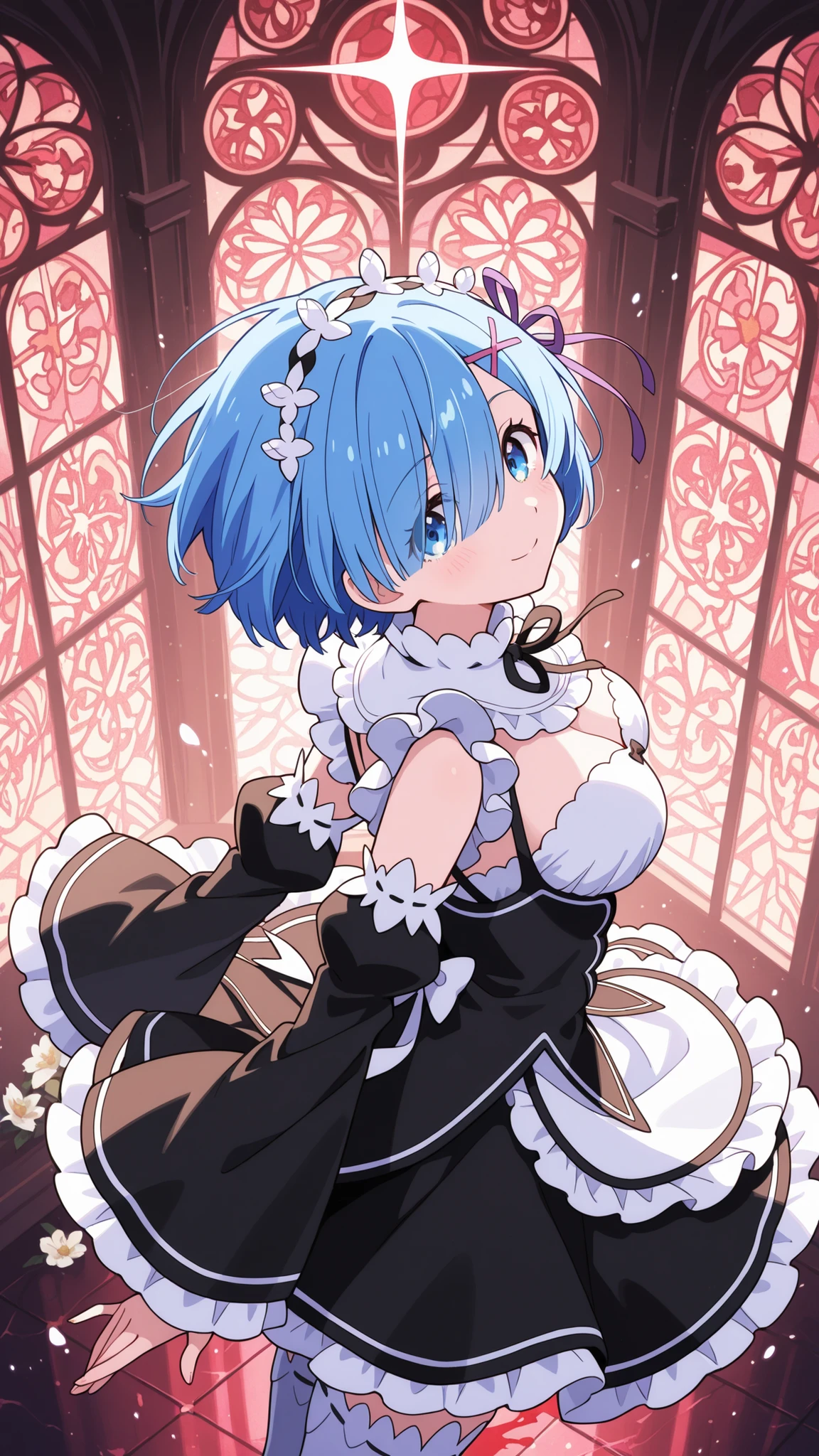 BREAK looking at viewer, BREAK (masterpiece:1.2), best quality, high resolution, unity 8k wallpaper, (illustration:0.8), (beautiful detailed eyes:1.6), A lavish gothic palace with towering spires, intricate stained-glass windows casting kaleidoscopic patterns on marble floors, grand chandeliers dripping with crystal teardrops, velvet drapes in blood-red hues, and gilded mirrors reflecting endless corridors. Moonlight filters through arched windows, illuminating dust motes in the air, while candelabras flicker with an eerie glow,rem, blue eyes, blue hair, hair ornament, hair over one eye, hair ribbon, short hair, x hair ornament,apron, black ribbon, black skirt, black sleeves, detached collar, detached sleeves, flower, frilled apron, frilled skirt, frills, head wreath, long sleeves, maid, miniskirt, neck ribbon, purple ribbon, ribbon, ribbon trim, ribbon-trimmed sleeves, roswaal mansion maid uniform, short hair, skirt, thighhighs, waist apron, white apron, white thighhighs,cowboy shot,from above,arched back,smile,floating hair,floating uniform.