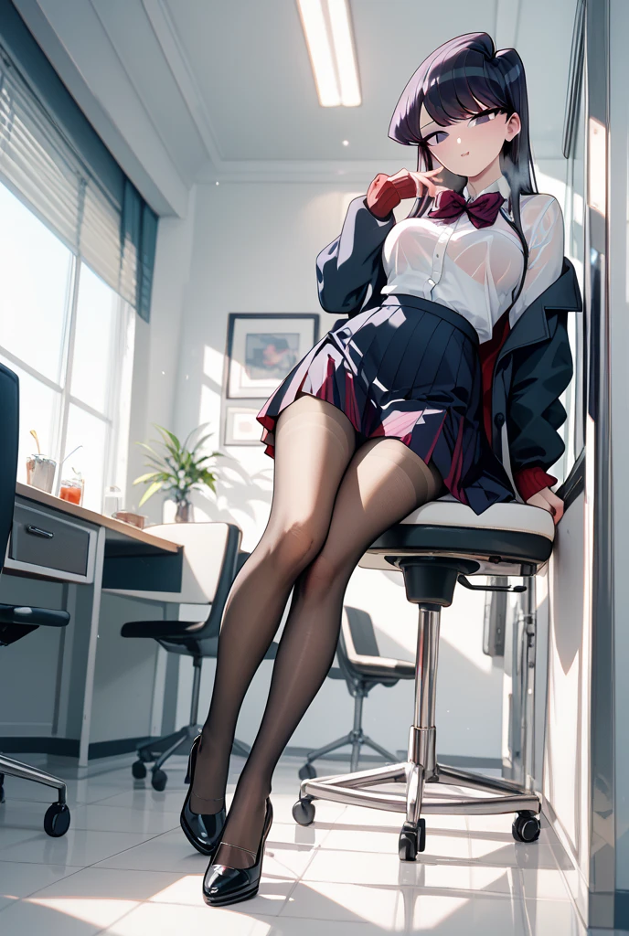 穿着超短裙和接缝丝袜的美丽性感秘书全身照片,stands_straight, ((solo)), adult, in the office, high heels, craves, strokes_herself