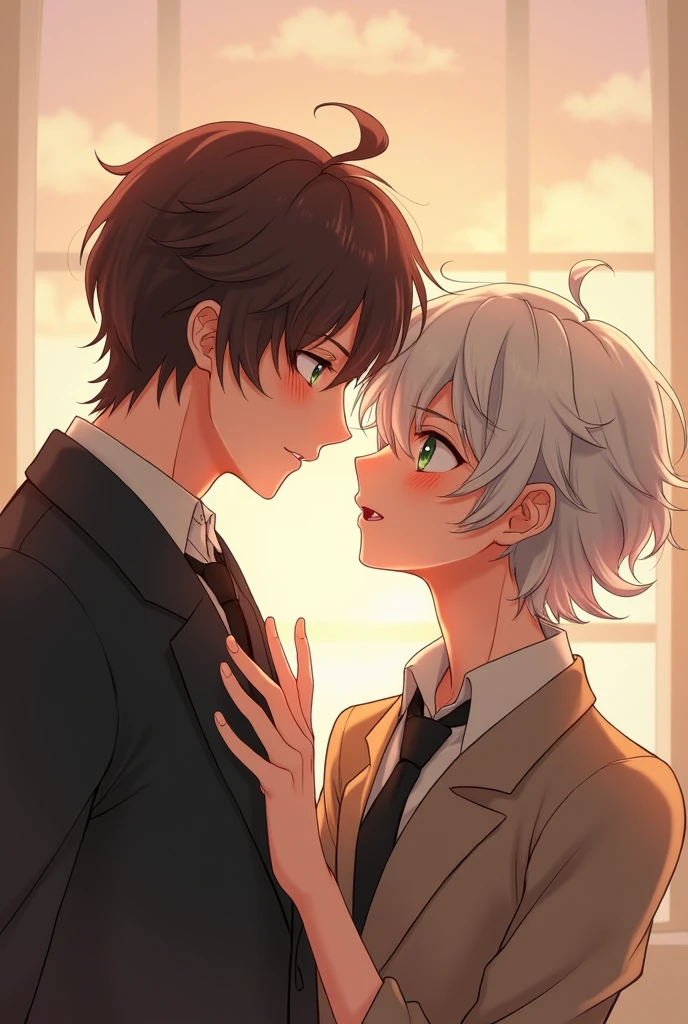 ((Two men who are good friends:1.5)), perfect face, beautiful face, Highly Detailed Faces,( man with short black hair :1.3),(Man with short white hair :1.3),Male high school student uniform、 ties、night、(A classroom where moonlight shines in、I'm by the window)、curtain、( staring at each other)、 smiles