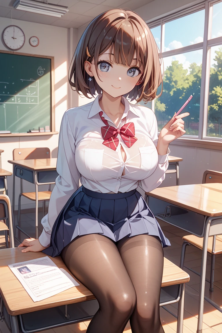 masterpiece, best quality, 1 girl, solo, large breasts, short hair, light brown hair, gray eyes, school uniform, collared shirt, navy blazer, red plaid pleated skirt, red bow, classroom, (pantyshot:1.3), white panties, sitthing on desk