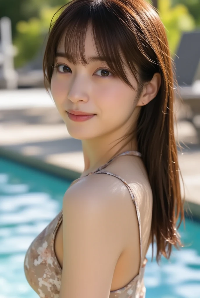 ((A Cheetah/A cheetah/チータドレスSwimwear:1.3)), Swimwear, Skin color, big , smile, (8K, RAW Photos, Highest quality, masterpiece:1.2), masterpiece, super detailed, super high quality, (Realistic and photorealistic photography:1. 37), High-resolution RAW color photos, Very delicate and beautiful, highly detailed, 8K壁紙, wonderful, detailed, Very eye, very detailed, very detailed skin, very thin fingers, very detailed nose, very detailed mouth, Perfect Anatomy, Upper Body, 、(China dress:1.3)、Female Band、live、((Upper Body:1.3)), Nogizaka idol, Korean Idol, Idol sculpture'Pause, 18-year-old, cheap, Cafe, restaurant, Italy, deer, Australia, break ((Upward glance)), ((angle From above: 1. 3)), From above, Looking into the camera,