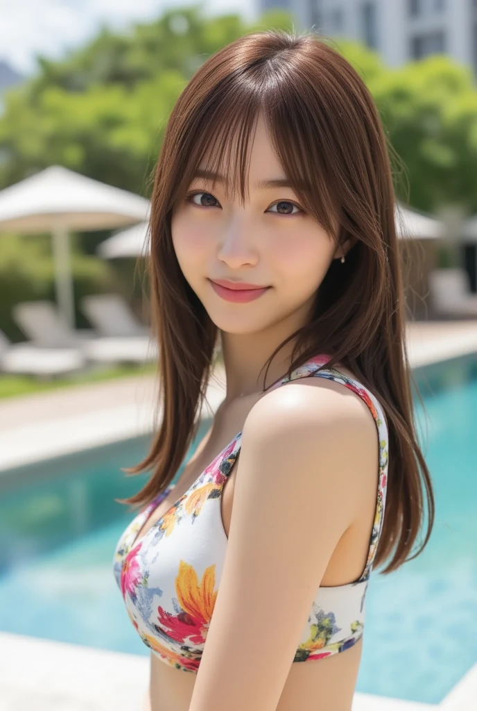((of the highest quality, 8K, masutepiece: 1.3)), Beautiful Girl, pure, gentle and cute, Sweet smile, Slender body, (Facing the camera), (tilts head), colorful casual suits , Medium Hair, Light brown hair、Long flowing shoulders, Big round black eyes, Big clear eyes, Moist red lips, Dolce, (((Full body shot))), Sitting on a chair on the terrace, Amusement Park Background, Sunset ,