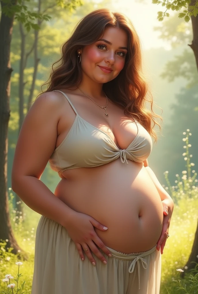 Natural photography of a beautiful girl, wearing a loose crop top, leaning over, long flowing hair, (saggy breasts), (huge pregnant:1.3), locks eyes into the camera, symmetrical eyes, symmetrical face, photorealistic, photography, path tracing, specular lighting, volumetric face light, path traced hair, visible shadows, intricate, elaborate