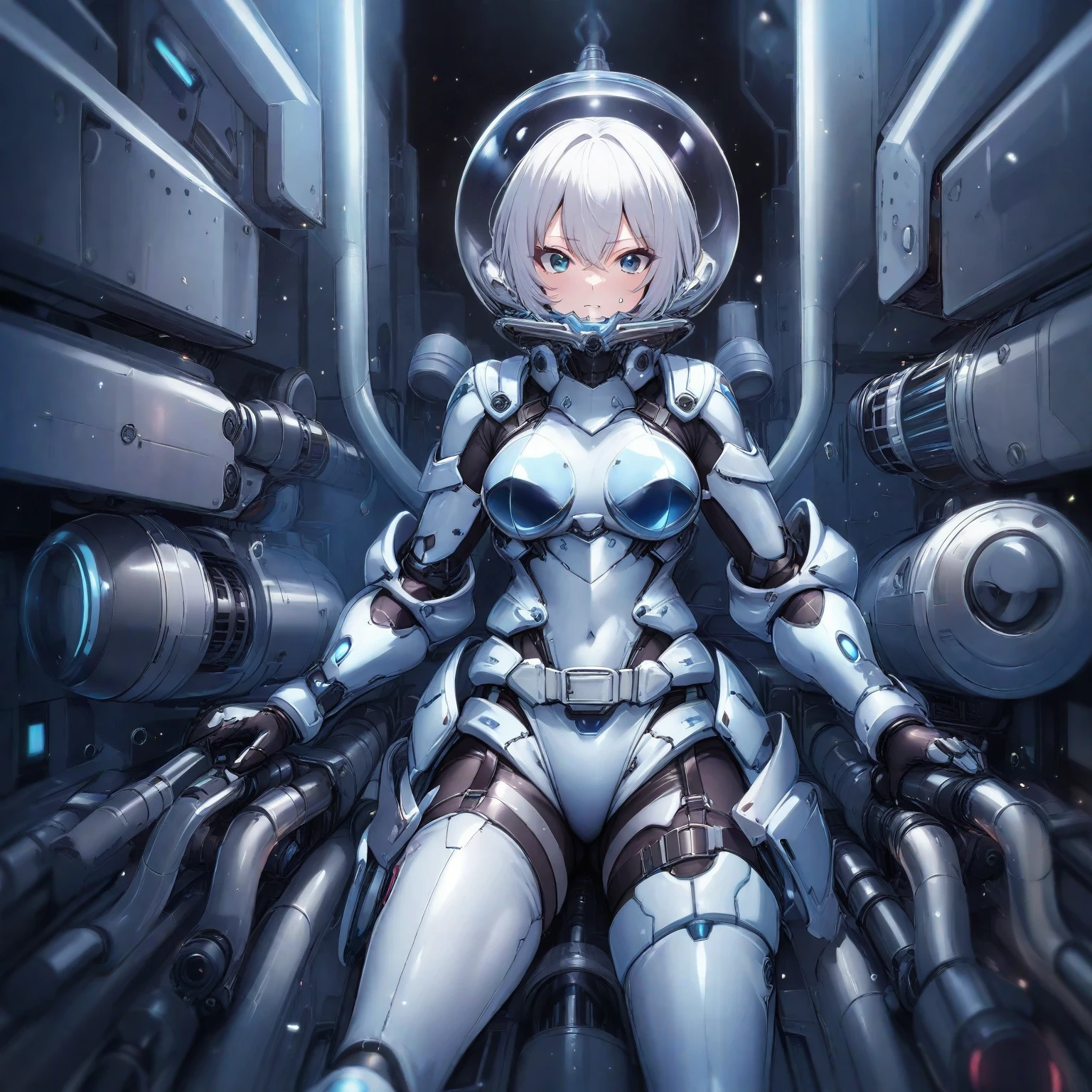 8k, masterpiece, top quality, Translucent, dark blue,  like glass , details, spherical helmet, buckle, straps, Machine Elements , Smooth,  like glass 質感, small particles,  dark, Blurry, highlight, Smooth surfaces, curve, Iridescent, black and white, dark blue shades,  dark background, three-dimensional, Digital Art , 3d rendering, Aesthetic, エナメル調の光沢のあるdark blueの視覚的な魅力,Extremely Refined Futuristic Armor for Women,光沢のあるdark blueのロングハードブーツ、anime style