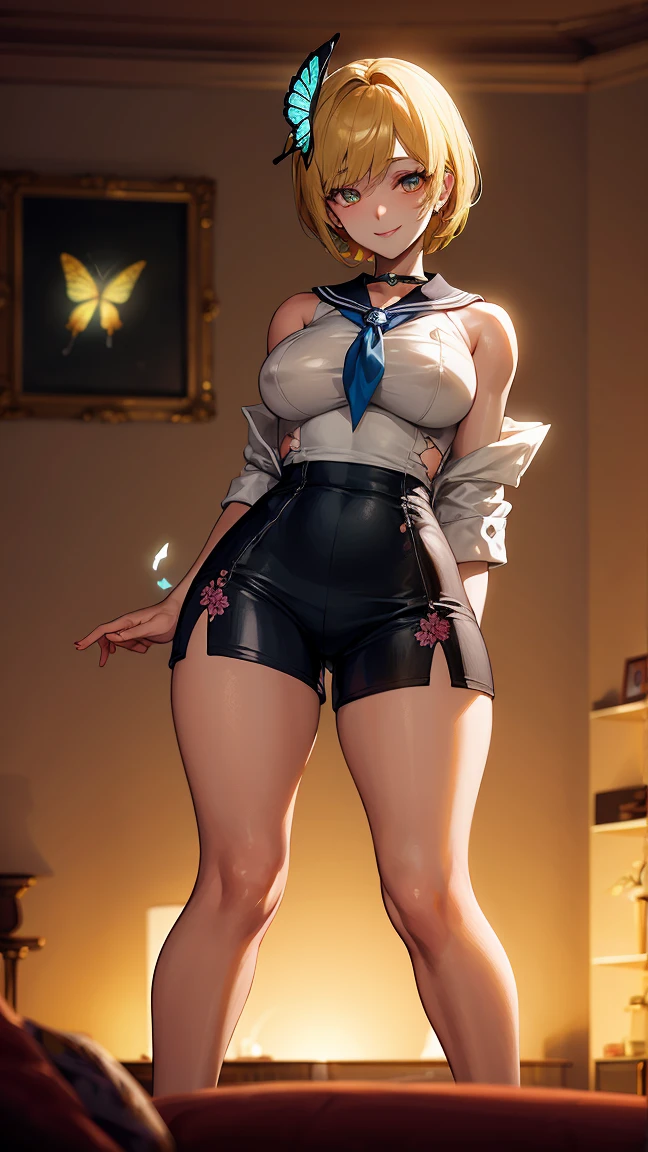 best quality,4k,8k,highres,masterpiece:1.2),ultra-detailed, extremely detailed eyes, extremely detailed body, (large masterpiece digital art), (detailed manga illustration), (detailed line art), ((perfect anatomy)), (intricate details:1.3), (ultra-detailed:1.3), (illustration:1.3), (sharp focus:1.3), (natural lighting:1.05), (vivid colors:1.3), (masterpiece), expressive eyes, perfect face, 1 girl, breasts, cleavage, gloves, large breasts, casual clothes, white shirt, tee shirt, denim jacket, jacket, {blue hair}, medium hair, wavy hair, (gray eyes), black denim shorts, shorts, dynamic pose, Huge ass, curvy, fur trim, hair bun, black ankle boots, cinematic lighting, dramatic atmosphere,