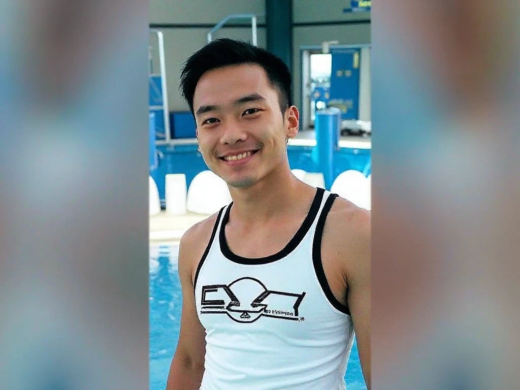 1 Chinese young man, cute, smiling a little, good figure, beautiful muscles, wearing underwear, very bulging crotch, background, swimming pool, real picture, very sharp details