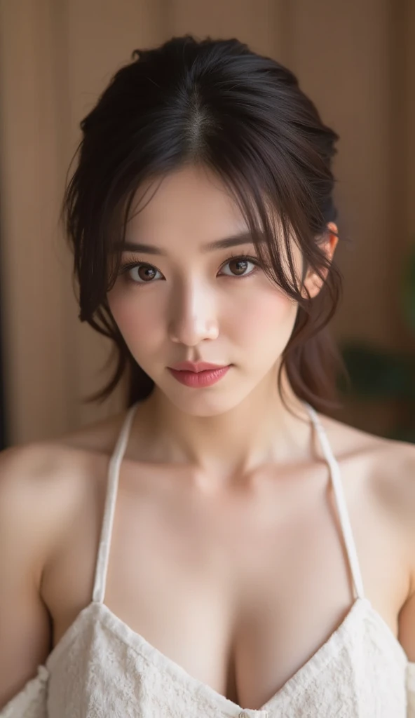 ((Best quality, 8k, Masterpiece :1.3)), 1girl, Pretty woman with emphasizing slender abs :1.3, (random hairstyles, Huge breasts :1.2), nude, wet skin, ((Ruins)),　 rubble、 Ultra-detailed face, Detailed eyes, Double eyelid, cowboy shot, pubic hair