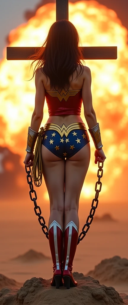 ((Back view)), (Wonder Woman's superheroine wears black drag pantyhose), (Ela usa salto alto stiletto), (She wears a thick collar around her neck). (she's in a forest), (She is subdued in suffering), (She is held by the leash), (Ela chora), (She's screaming), (Seu suor escorre pelo seu corpo), (Sua urina escorre pelas pernas), ((SHE'S DOING HALF A SQUAT)), (((Shibari, arms behind back:1.4))), (((hands on back))), ((slavery)), ((fetters)), ((colares)),((rope bondage)), ((arms behind back)), ((Totalmente amarrado)), (Strong content), ((obra-prima, melhor qualidade)) 1.5, 1girl, sozinho, ((sexy, mulher bonita, rosto perfeito, olhos perfeitos)) corpo inteiro, ((cabelos pretos)). ((High Definition Face)) (((She is forced to crawl in the mud with her body wrapped in barbed wire))