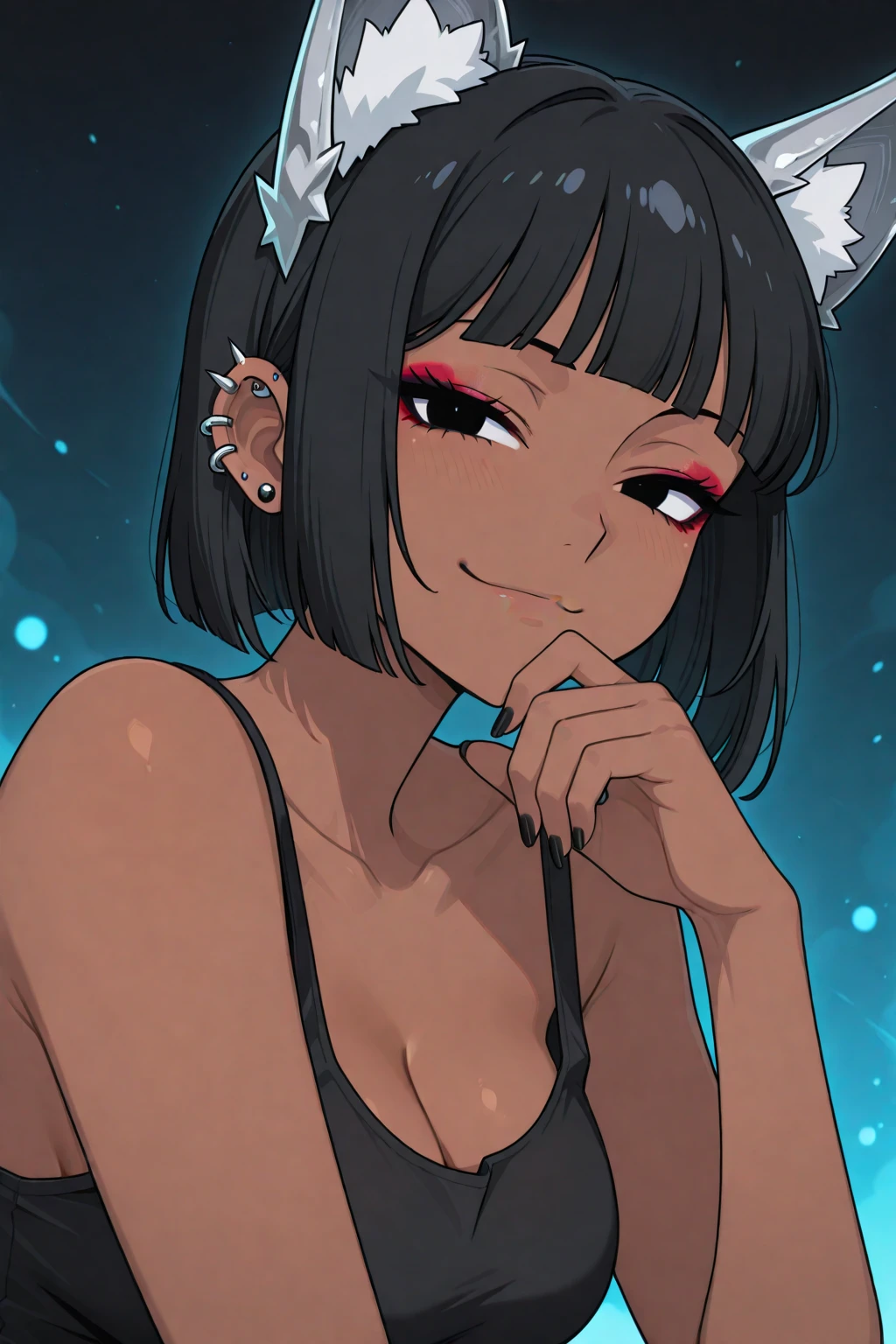 ((masterpiece)),(best quality),(detailed), 1girl, short hair, purple hair, messy hair, red eyes, grin, (dark skin:1.3), lingerie, portrait, huge breasts